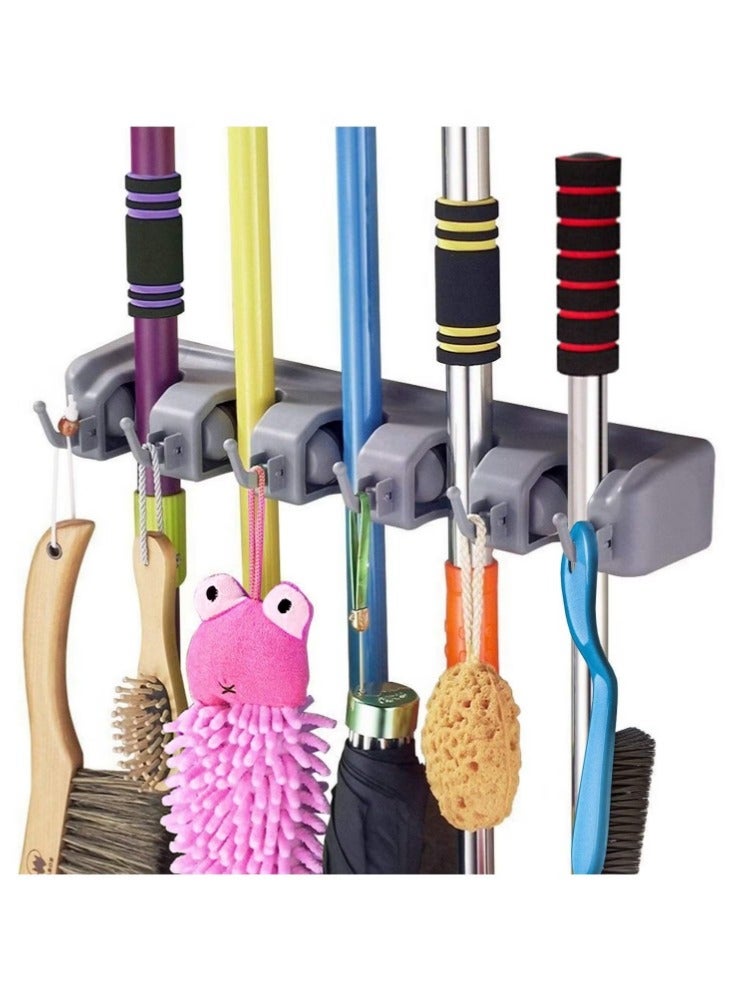 Mop and Broom Holder Heavy Duty Wall Mount Or Tool Organizer For Home, Kitchen Storage (5 Positions With 6 Hooks) - Image 2