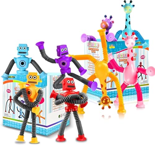 CHESLICR 8pc Robot Giraffe Sensory Travel Toys for Toddlers Boy Ages 3 4 5 6 7 8 Airplane Activities Suction Autism Pop Tube Fidget Autistic Stocking Easter Basket Stuffer Valentine Gift for Kids - Image 1