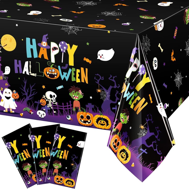 Tiamon 3 Pack Halloween Plastic Tablecloth Halloween Black Rectangle Tablecloth Pumpkin and Ghost Tablecover Waterproof Spillproof Wipeable Tablecover for Dinner Party Supplies 54 x 108 Inch - Image 1