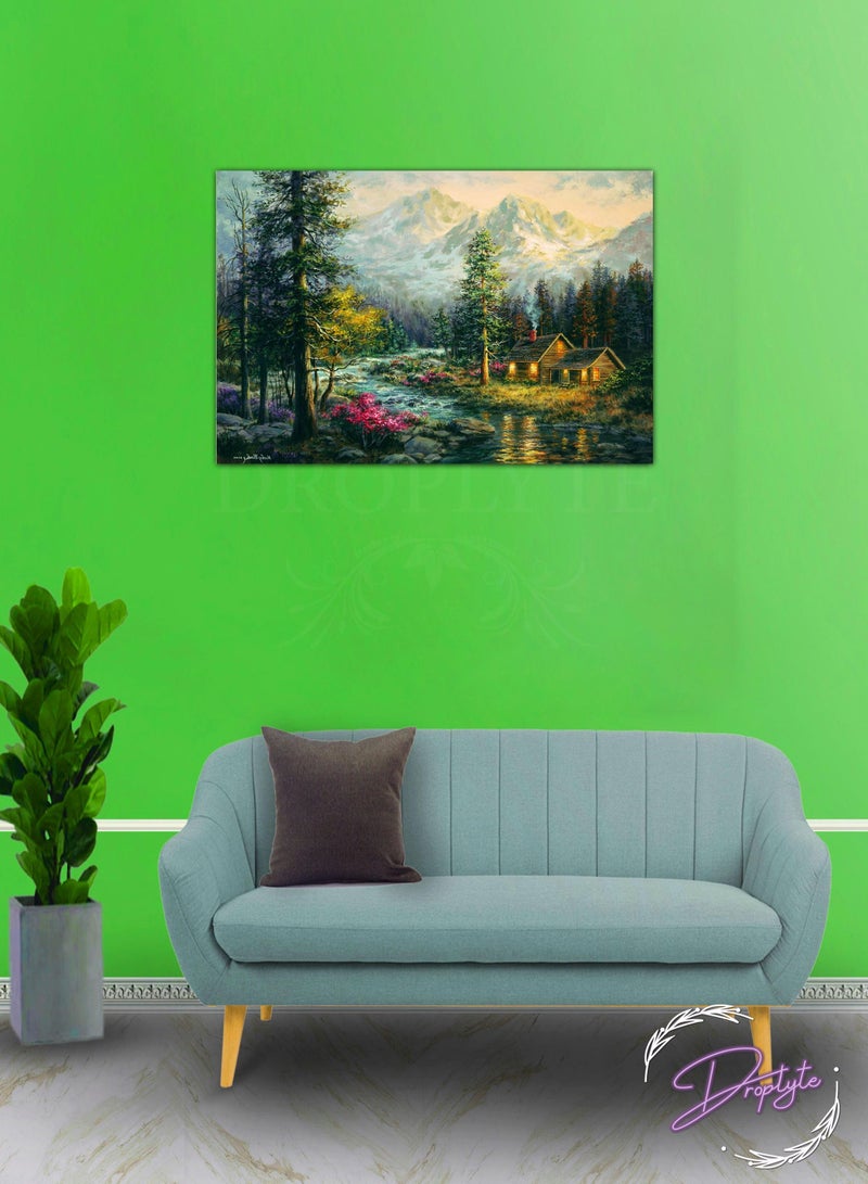 Droplyte Huts with Green Mountains Painting Decorative Wall Art Wall Decor Card Board MDF Home Decor for Living Room, Drawing Room, Office Room and Bedroom 60CM x 40CM  - Image 1
