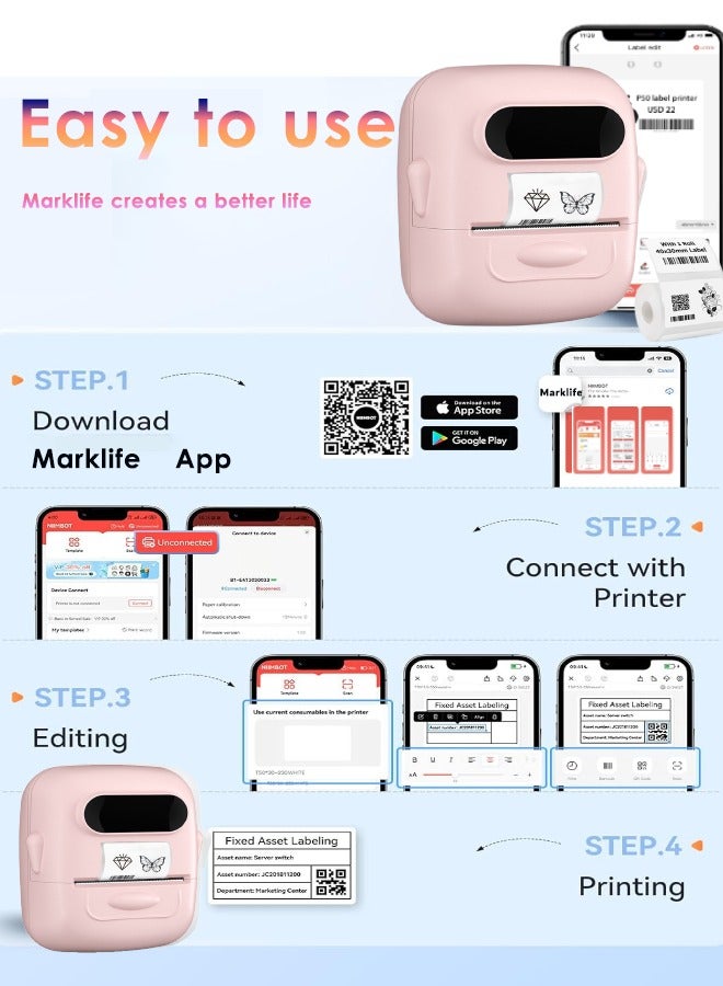 Marklife Label Maker, Bluetooth Label Maker, Sticker Label Maker, Mini Label Printer, Thermal Printer for Tag, Kitchen, Clothes, Food, Barcode, Price, Pink(With 1 Roll Label) - Image 2