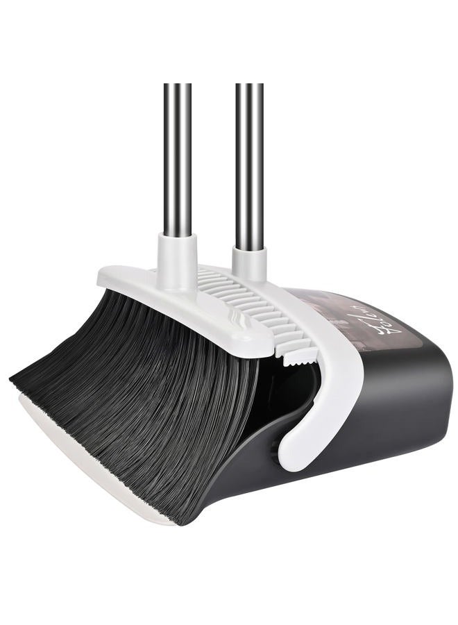 Folews Broom and Dustpan Set, Heavy Duty Dust Pan and Broom with Long Handle 55 Inch Broom with Dustpan Combo Set for Home Kitchen Indoor Outdoor Sweeping Broom for Floor Cleaning - Gray - Image 1