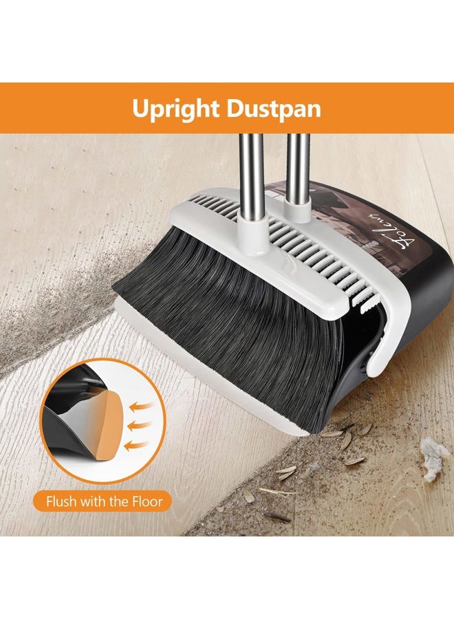Folews Broom and Dustpan Set, Heavy Duty Dust Pan and Broom with Long Handle 55 Inch Broom with Dustpan Combo Set for Home Kitchen Indoor Outdoor Sweeping Broom for Floor Cleaning - Gray - Image 2