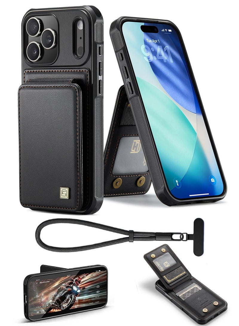 جراب محفظة Updown لهاتف iPhone 17 Pro Max، يتميز بحامل بطاقات مزود بتقنية حجب RFID، وحزام معصم مانع للسقوط، ومسند، وغطاء حماية فاخر من جلد البولي يوريثان (PU) مقاوم للصدمات - اللون الأسود. - Image 1