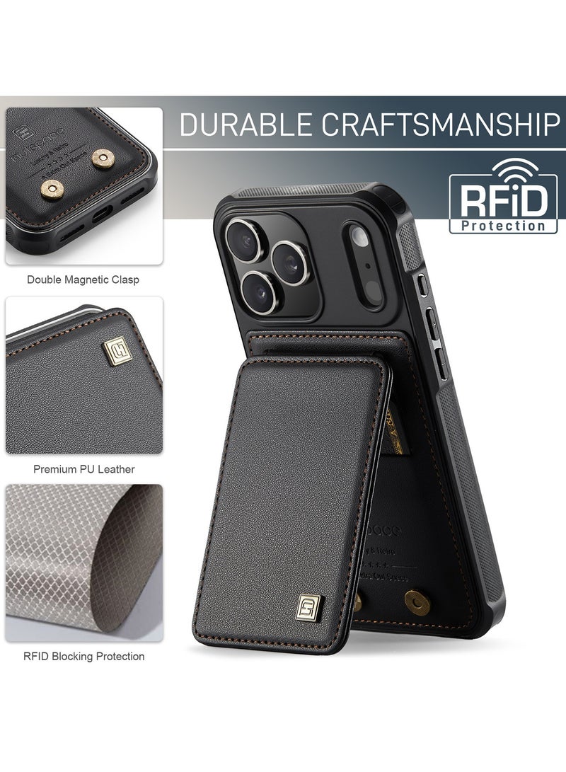 جراب محفظة Updown لهاتف iPhone 17 Pro Max، يتميز بحامل بطاقات مزود بتقنية حجب RFID، وحزام معصم مانع للسقوط، ومسند، وغطاء حماية فاخر من جلد البولي يوريثان (PU) مقاوم للصدمات - اللون الأسود. - Image 5