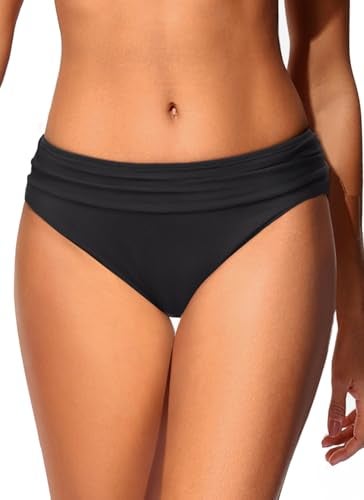 Zmart Women Full Coverage Ruched Bikini Bottoms Tummy Control Swim Bottoms Scrunch Ruffle Bathing Suit Bottom Black M - Image 1