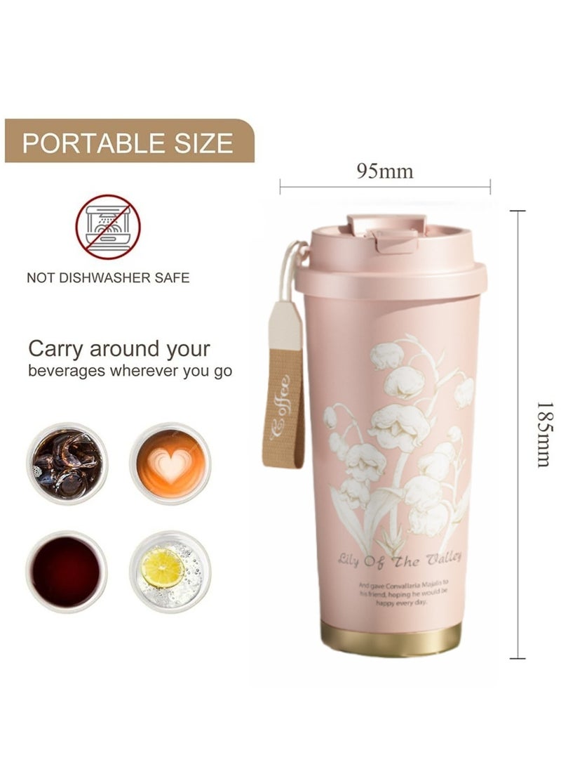 كول رابي كوب قهوة للسفر، كوب كبير السعة مع غطاء وقشة، ترموستات قهوة من الفولاذ المقاوم للصدأ، كوب قهوة معزول بالفراغ مزدوج الجدار (وردي (زنبق الوادي)) - Image 2