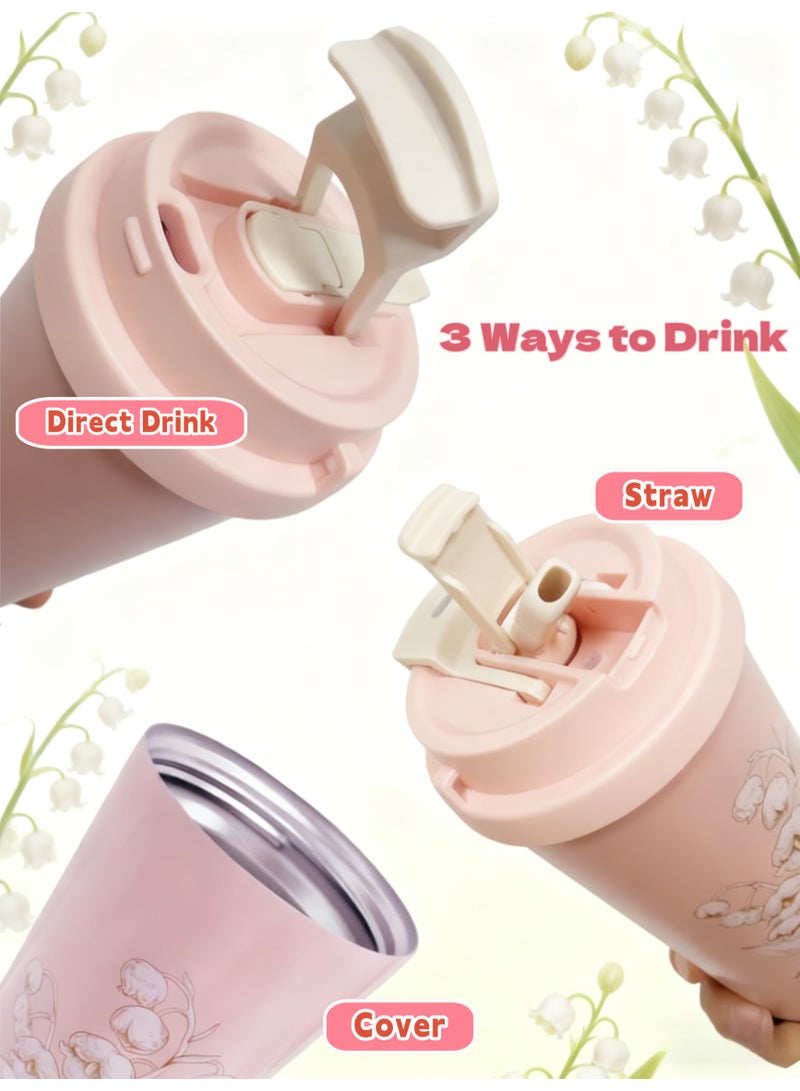 كول رابي كوب قهوة للسفر، كوب كبير السعة مع غطاء وقشة، ترموستات قهوة من الفولاذ المقاوم للصدأ، كوب قهوة معزول بالفراغ مزدوج الجدار (وردي (زنبق الوادي)) - Image 3