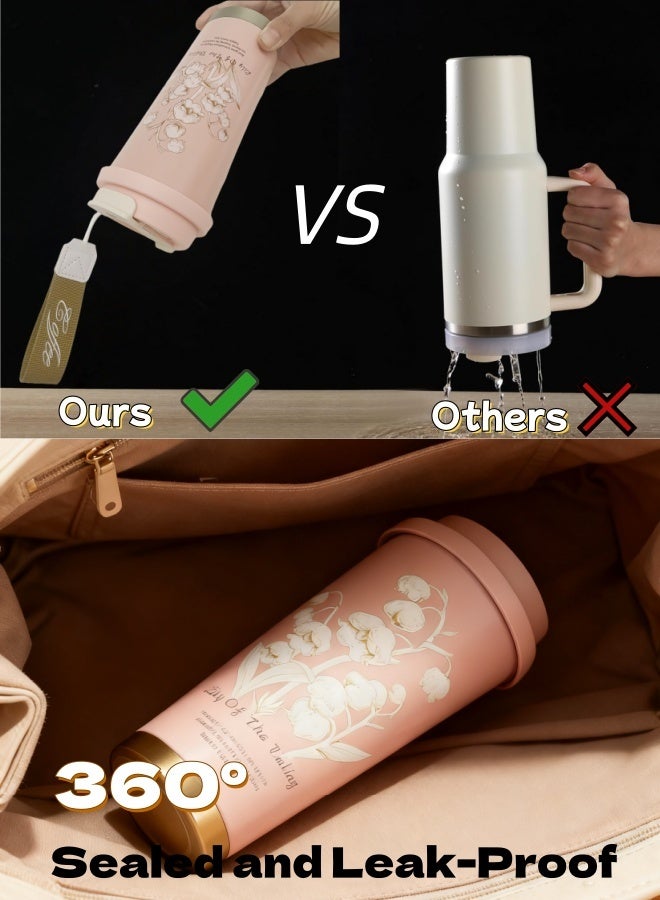 كول رابي كوب قهوة للسفر، كوب كبير السعة مع غطاء وقشة، ترموستات قهوة من الفولاذ المقاوم للصدأ، كوب قهوة معزول بالفراغ مزدوج الجدار (وردي (زنبق الوادي)) - Image 4