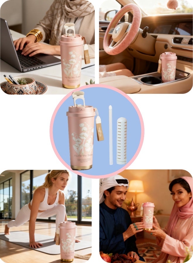 كول رابي كوب قهوة للسفر، كوب كبير السعة مع غطاء وقشة، ترموستات قهوة من الفولاذ المقاوم للصدأ، كوب قهوة معزول بالفراغ مزدوج الجدار (وردي (زنبق الوادي)) - Image 5