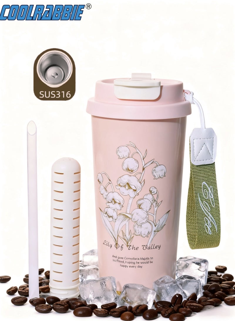 كول رابي كوب قهوة للسفر، كوب كبير السعة مع غطاء وقشة، ترموستات قهوة من الفولاذ المقاوم للصدأ، كوب قهوة معزول بالفراغ مزدوج الجدار (وردي (زنبق الوادي)) - Image 1