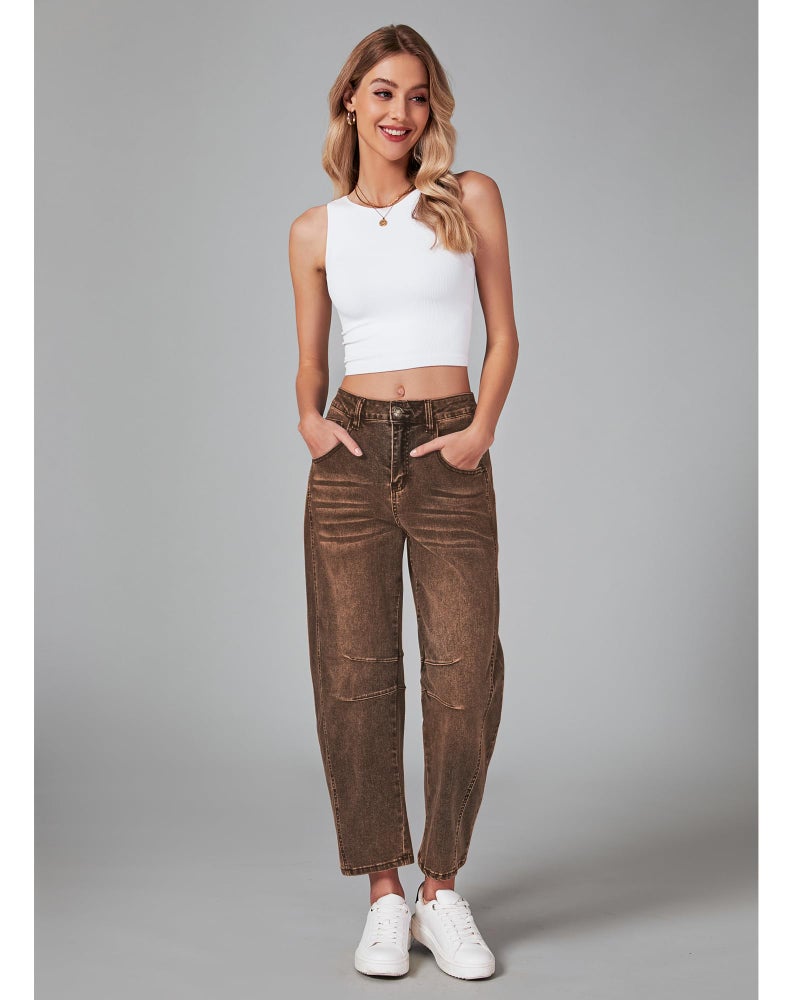 GRAPENT Womens Jeans Stretchy Cute Barrel Jeans Balloon Jean Pants Women High Waisted Jean Pants for Women High Waist Ankle Denim Trousers Brown Color Root Beer XX-Large Size 20 Size 22 - Image 4