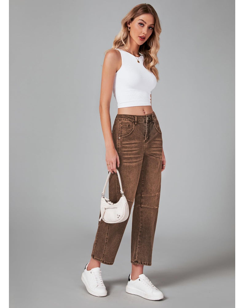 GRAPENT Womens Jeans Stretchy Cute Barrel Jeans Balloon Jean Pants Women High Waisted Jean Pants for Women High Waist Ankle Denim Trousers Brown Color Root Beer XX-Large Size 20 Size 22 - Image 5