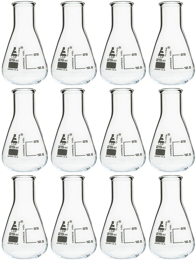 EISCO - 12 Pack Erlenmeyer 25mL Borosilicate Glass Narrow Neck Conical Flasks with Graduations for Laboratory and Classroom Use - Image 1