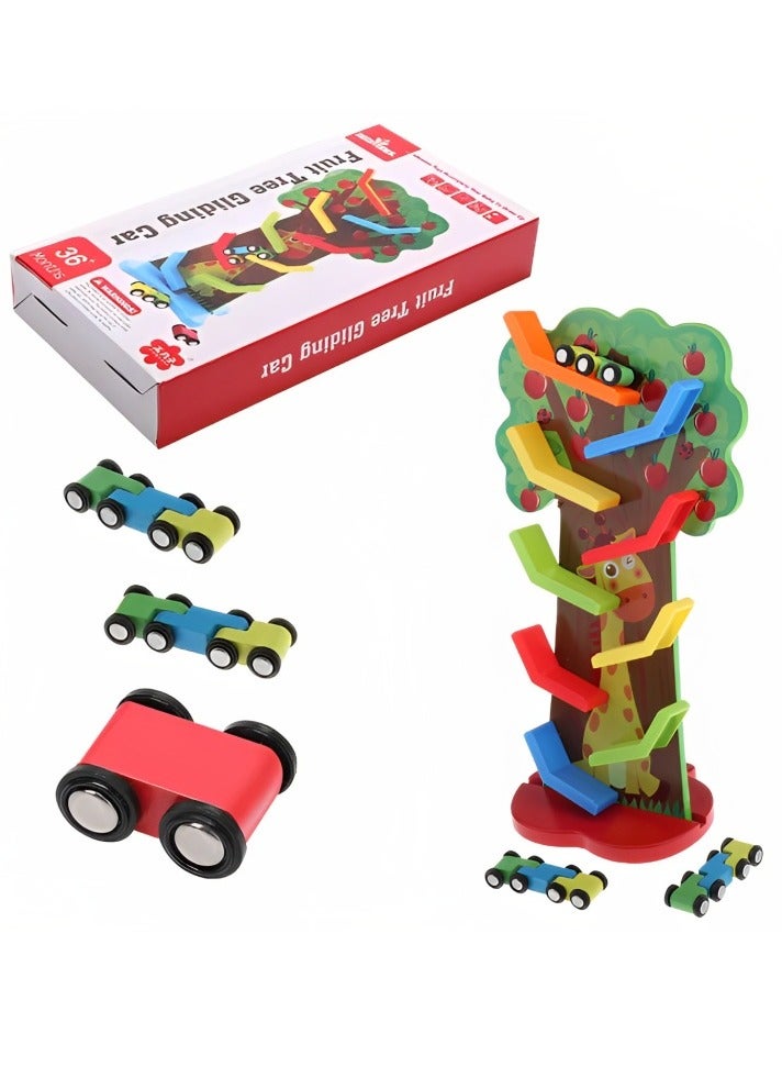 فروت تري لعبة سباق السيارات الخشبية من 9 مسارات مصمم لسباق السيارات المنحدر، مجموعة سباق السيارات من منتيسوري للأطفال الصغار، ألعاب مخصصة للتعلم المبكر، هدية رائعة للأولاد والبنات - Image 1