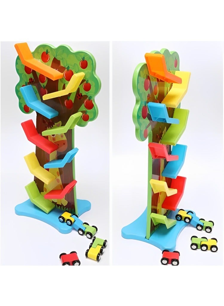 فروت تري لعبة سباق السيارات الخشبية من 9 مسارات مصمم لسباق السيارات المنحدر، مجموعة سباق السيارات من منتيسوري للأطفال الصغار، ألعاب مخصصة للتعلم المبكر، هدية رائعة للأولاد والبنات - Image 5