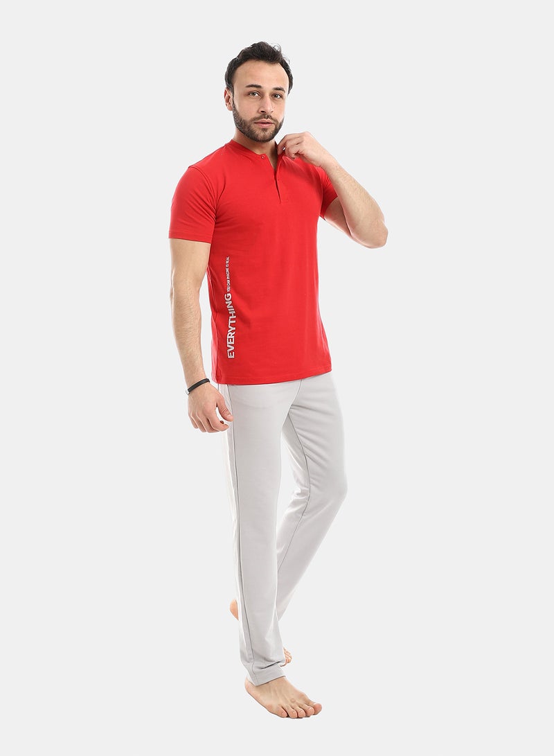 Andora Short Sleeve Solid Pattern Pajama Set -  Grey & Red - Image 2
