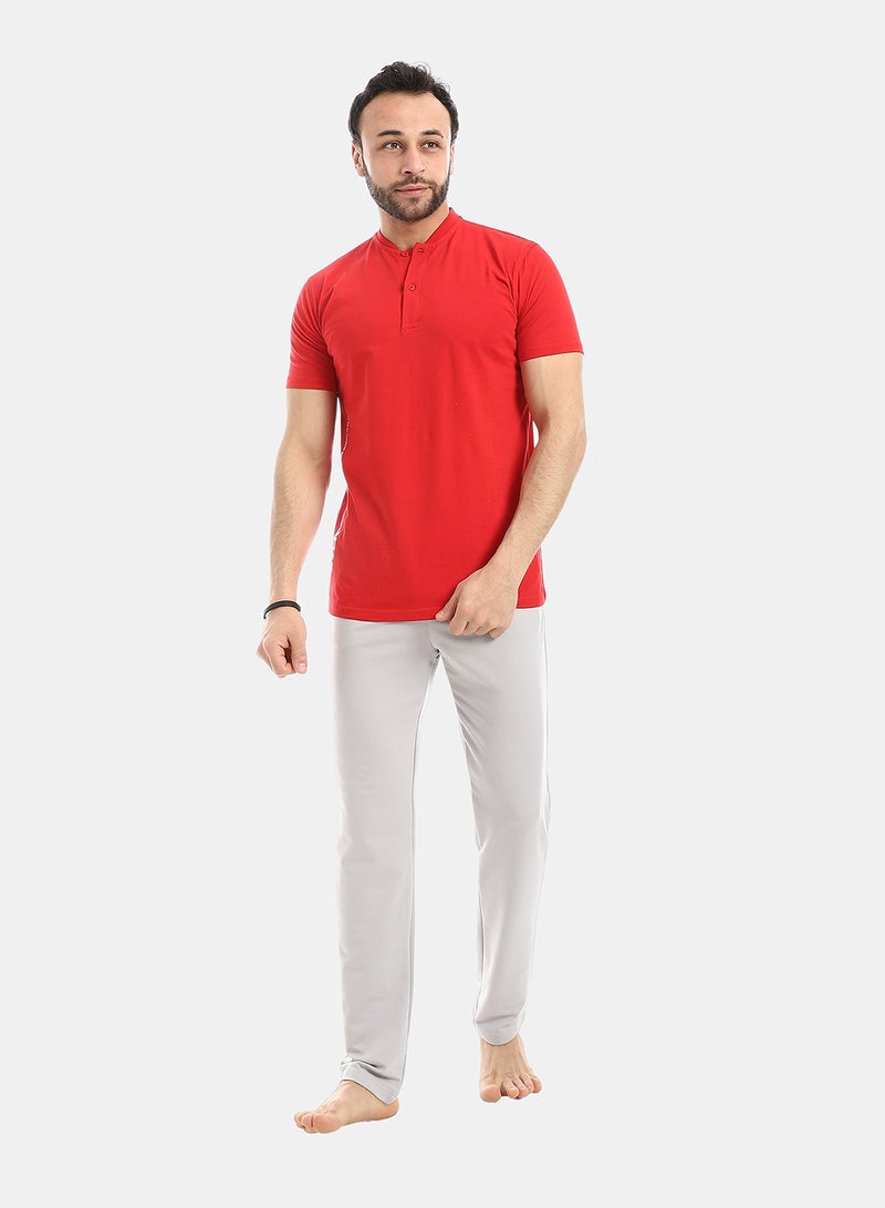 Andora Short Sleeve Solid Pattern Pajama Set -  Grey & Red - Image 1