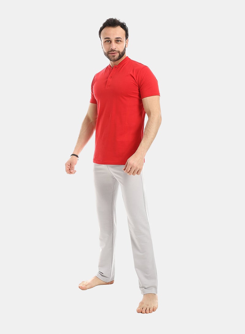 Andora Short Sleeve Solid Pattern Pajama Set -  Grey & Red - Image 5