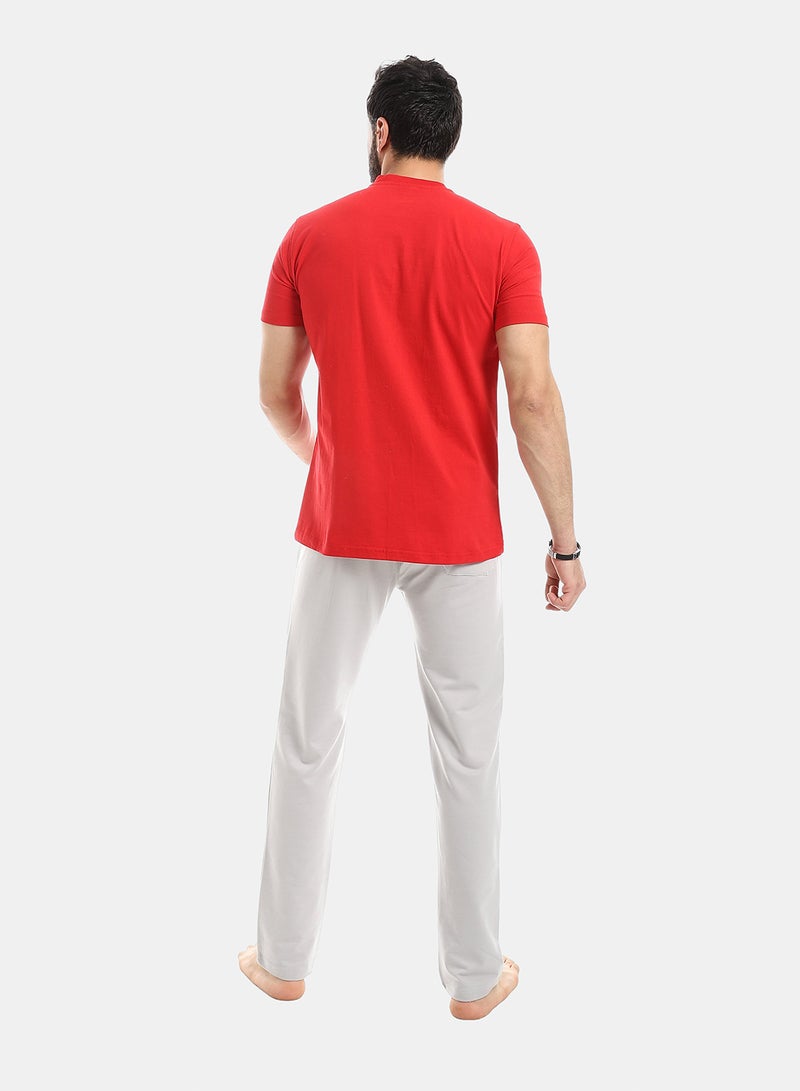 Andora Short Sleeve Solid Pattern Pajama Set -  Grey & Red - Image 4