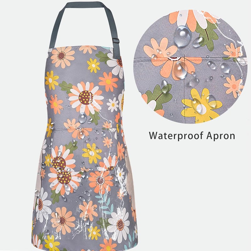 DILLMAN 2 Pack Floral Aprons with Pocket Blooming Womens Waterproof Adjustable Cooking Aprons Kitchen Gardening Salon - Image 4