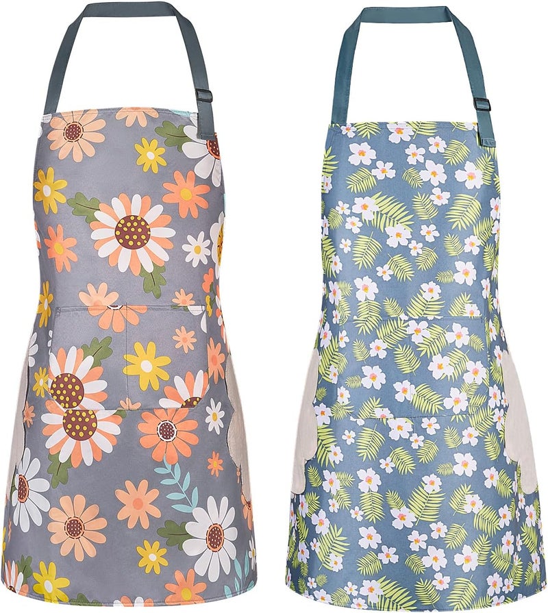 DILLMAN 2 Pack Floral Aprons with Pocket Blooming Womens Waterproof Adjustable Cooking Aprons Kitchen Gardening Salon - Image 1