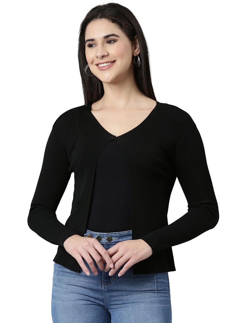 ICW Women's Acrylic Knitted Ribbed Cardigan Front-Open Top Full Sleeve Shrug Jacket for Girls ((ONE Size XS-S-M-L)(Bust Size 30-38 Inch) (in, Alpha, XS, Regular, Black) - Image 1