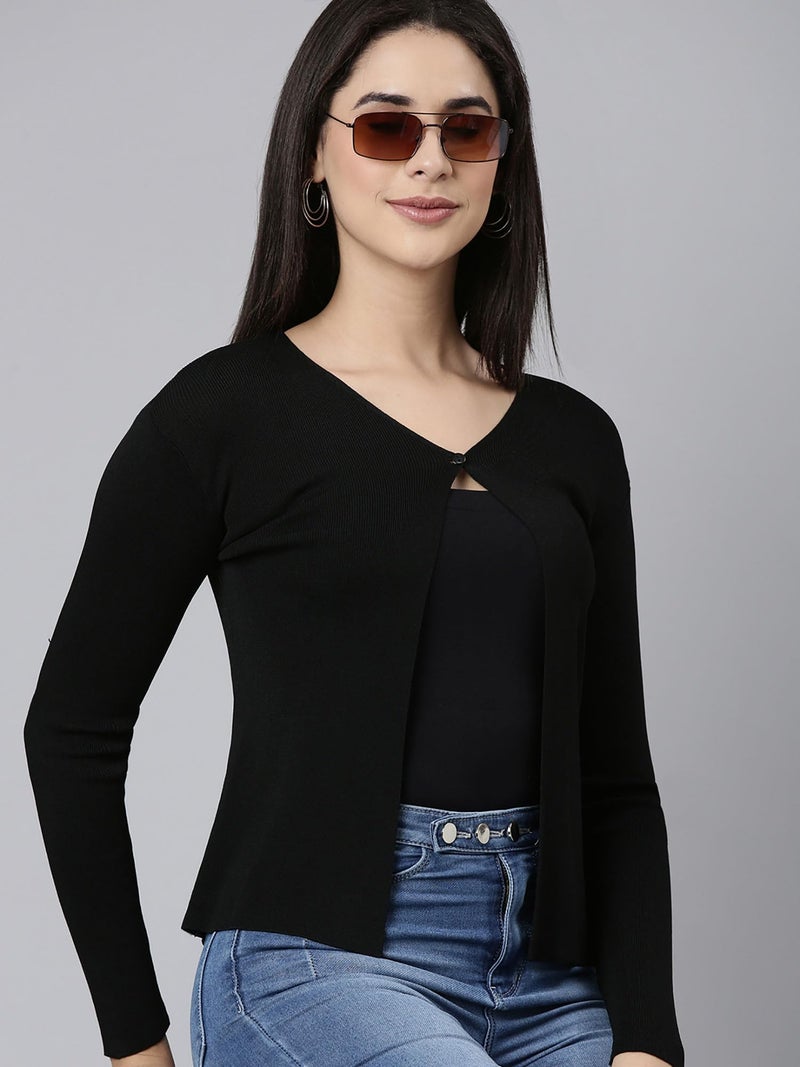ICW Women's Acrylic Knitted Ribbed Cardigan Front-Open Top Full Sleeve Shrug Jacket for Girls ((ONE Size XS-S-M-L)(Bust Size 30-38 Inch) (in, Alpha, XS, Regular, Black) - Image 5