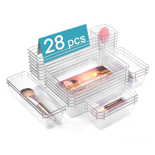Vtopmart 28 PCS Clear Plastic Drawer Organizers Set, 4-Size Bathroom and Vanity Drawer Organizer Trays, Acrylic Storage Bins for Toiletries, Makeup, Cosmetic, Kitchen Utensils, Tool, Gadgets - Image 1