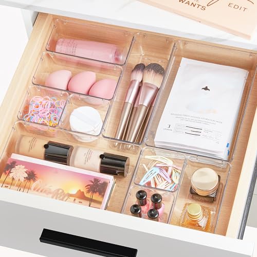 Vtopmart 28 PCS Clear Plastic Drawer Organizers Set, 4-Size Bathroom and Vanity Drawer Organizer Trays, Acrylic Storage Bins for Toiletries, Makeup, Cosmetic, Kitchen Utensils, Tool, Gadgets - Image 3