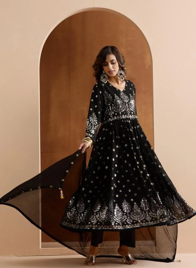 آي شين Women's Black Poly Georgette Embellished Tunic Top With Ankle Palazzo Flared 3 Peice Kurta Set