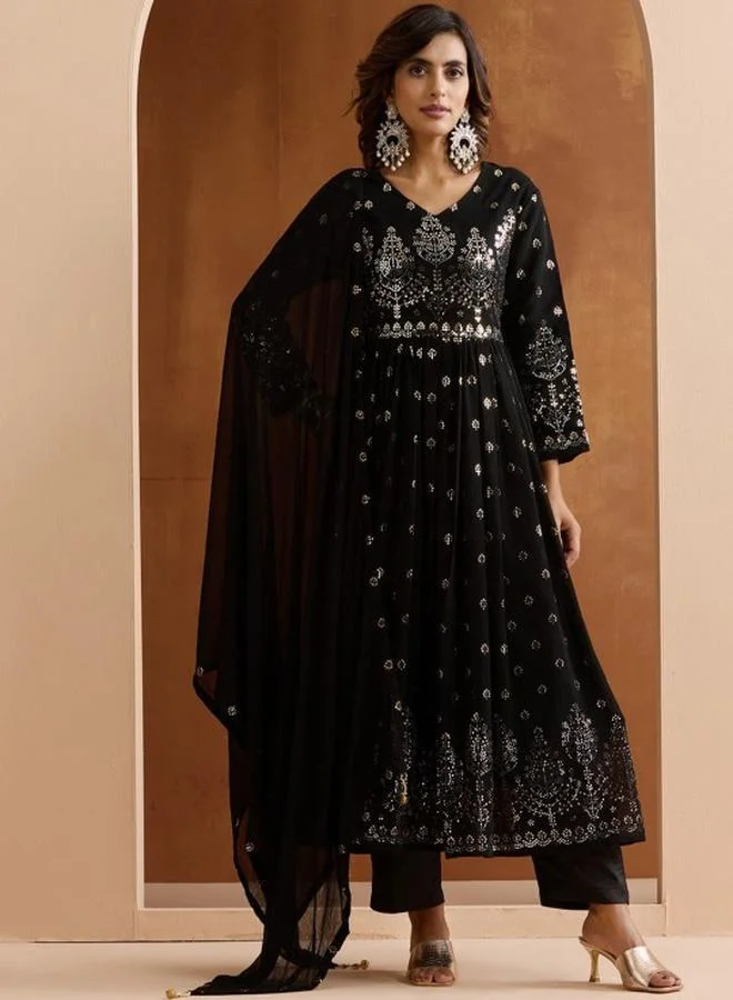 آي شين Women's Black Poly Georgette Embellished Tunic Top With Ankle Palazzo Flared 3 Peice Kurta Set