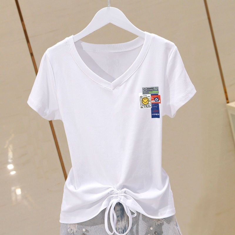 Summer Plus Size Cotton V-Neck Slimming Tee for Women White-puzzle Smiley [right]]