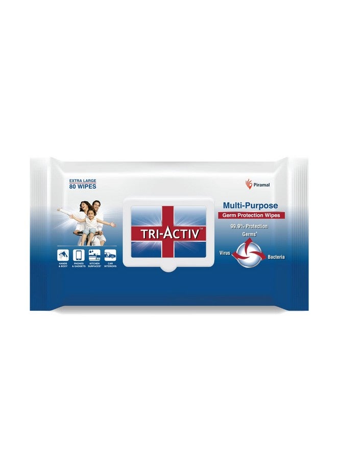 Tri-Activ Multi-Purpose Germ Protection Wipes | Disinfectant Wipes | Wet Wipes for Cleaning | Safe on Skin | Cleans appliances | Enriched with Aloe vera | 33% Extra Large 80 Wipes Lid pack | Pack of 1 - Image 1