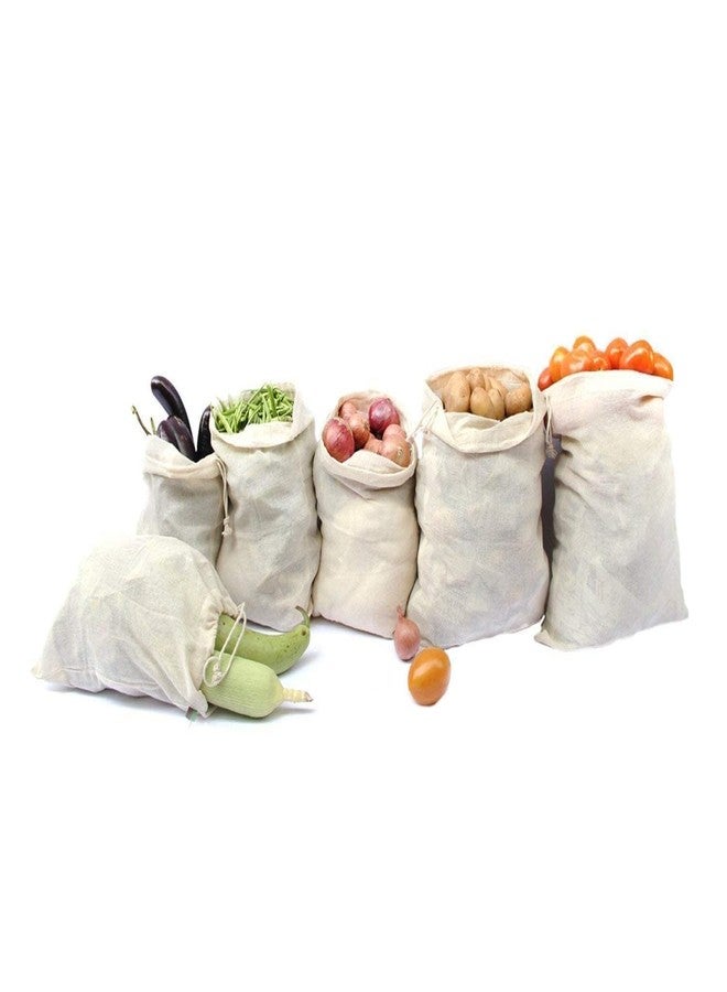 ZOXAR Set of 06 Reusable Fridge Storage Bags for Vegetables & Fruits Quality Multipurpose Eco-Friendly Kitchen Organizer Bags Drawstring (2 Large, 2 Medium & 2 Small Size Bags) (Beige PACK OF 06) - Image 1