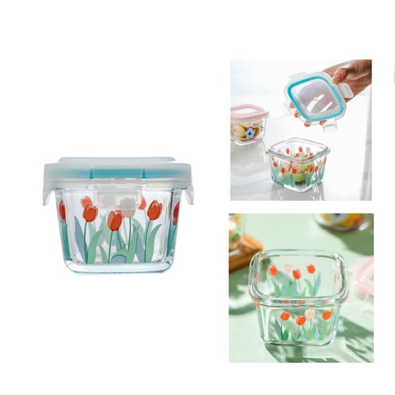 AISIBO Small Square Glass Containers with Lids, Floral Glass Meal Prep Bowl Airtight Glass Food Storage Jars for Sauce Snack Yogurt Dressing Dip Dessert Ice Cream Container (2 Pack) - Image 4