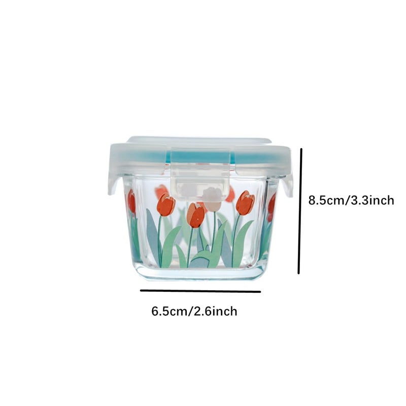 AISIBO Small Square Glass Containers with Lids, Floral Glass Meal Prep Bowl Airtight Glass Food Storage Jars for Sauce Snack Yogurt Dressing Dip Dessert Ice Cream Container (2 Pack) - Image 2