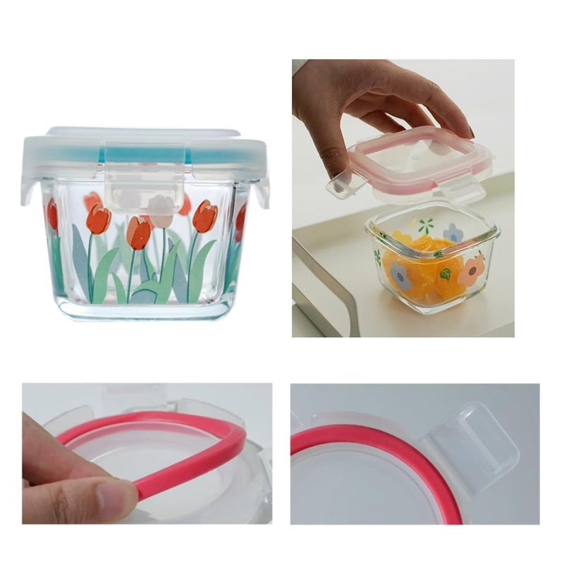 AISIBO Small Square Glass Containers with Lids, Floral Glass Meal Prep Bowl Airtight Glass Food Storage Jars for Sauce Snack Yogurt Dressing Dip Dessert Ice Cream Container (2 Pack) - Image 3