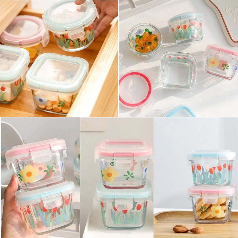 AISIBO Small Square Glass Containers with Lids, Floral Glass Meal Prep Bowl Airtight Glass Food Storage Jars for Sauce Snack Yogurt Dressing Dip Dessert Ice Cream Container (2 Pack) - Image 5
