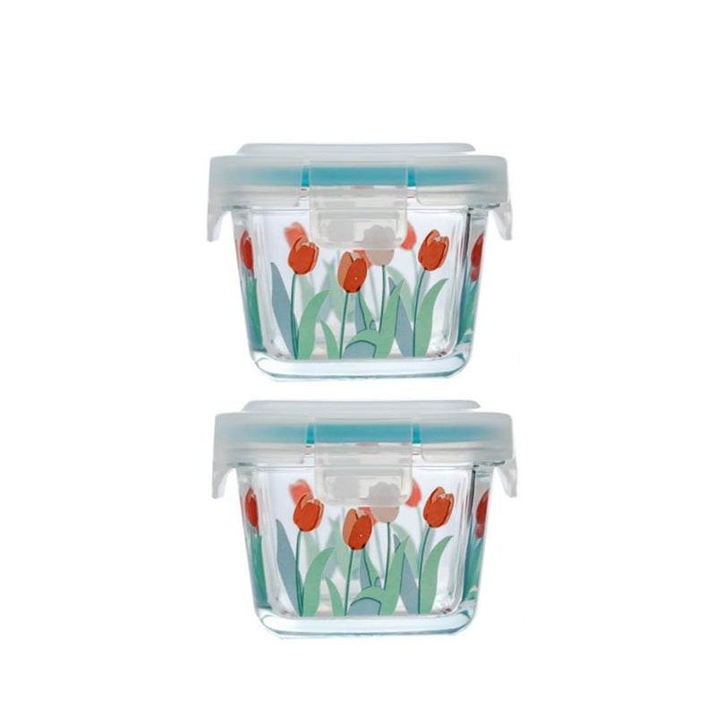 AISIBO Small Square Glass Containers with Lids, Floral Glass Meal Prep Bowl Airtight Glass Food Storage Jars for Sauce Snack Yogurt Dressing Dip Dessert Ice Cream Container (2 Pack) - Image 1