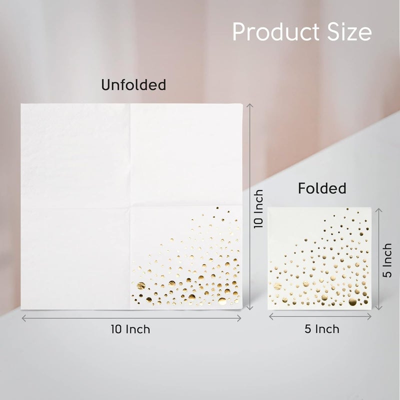 The Essential Concierge Stylish Gold Cocktail Napkins, 100 Disposable Party Napkins, Gold Dessert Napkins, 3-Ply, 5x5 Inch White and Gold Napkins, Disposable Wedding Cocktail Napkins, Party, Shower or Gold Beverage Napkins - Image 4