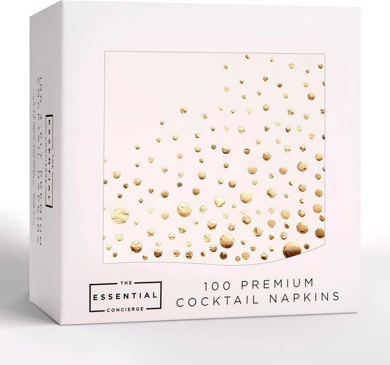 The Essential Concierge Stylish Gold Cocktail Napkins, 100 Disposable Party Napkins, Gold Dessert Napkins, 3-Ply, 5x5 Inch White and Gold Napkins, Disposable Wedding Cocktail Napkins, Party, Shower or Gold Beverage Napkins - Image 1