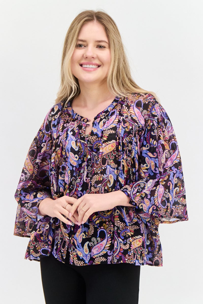 Sundry Women Round Neck Allover 3/4 Sleeve Printed Top, Black - Image 1