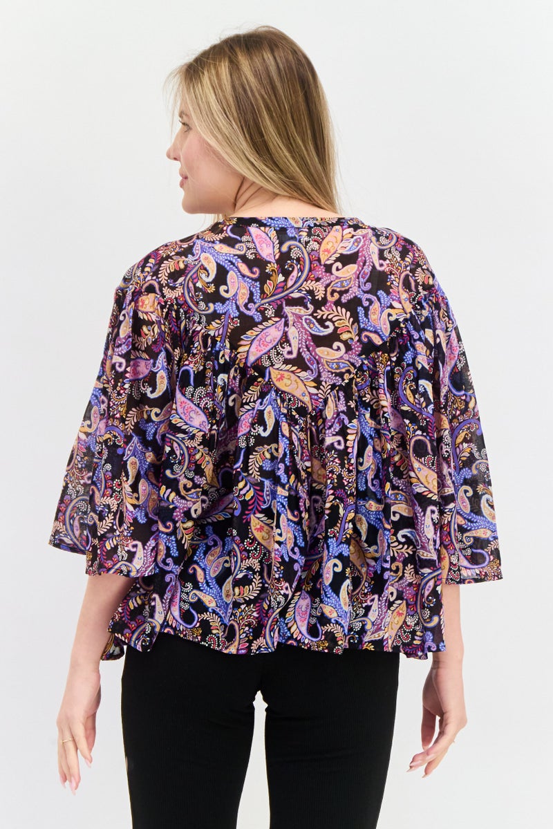 Sundry Women Round Neck Allover 3/4 Sleeve Printed Top, Black - Image 3