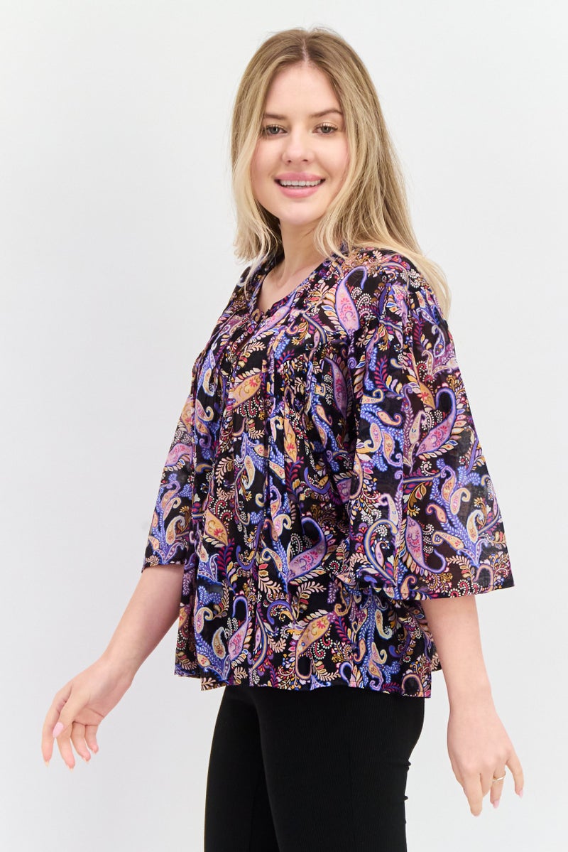 Sundry Women Round Neck Allover 3/4 Sleeve Printed Top, Black - Image 2