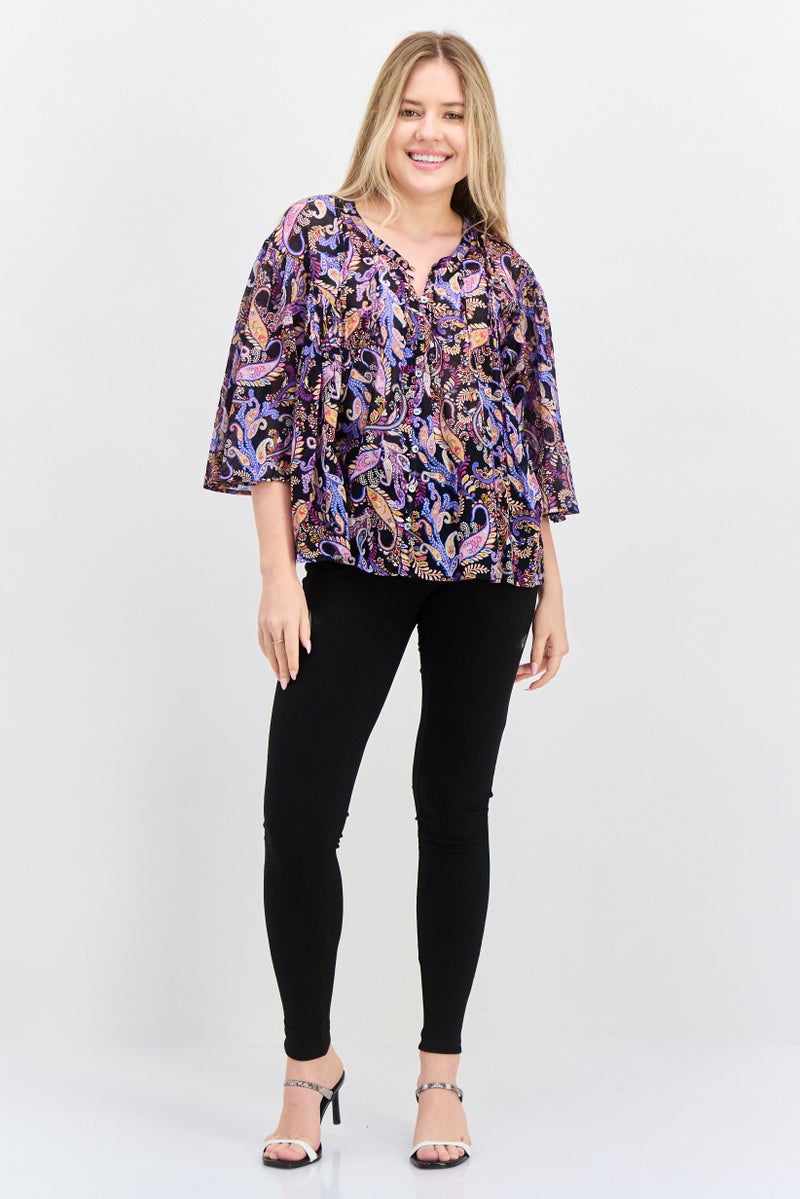 Sundry Women Round Neck Allover 3/4 Sleeve Printed Top, Black - Image 4