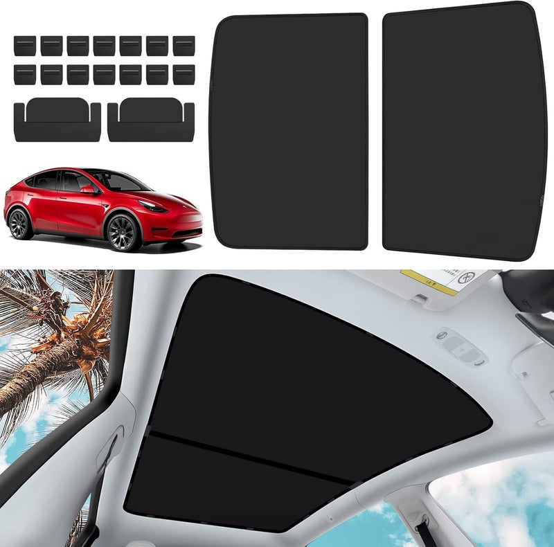 KUNIST Non-Sag Roof Sunshades for Tesla Model Y 2024, Upgraded Foldable Sunroof Shade Sunshade Roof Sun Shade for Tesla Model Y Accessories 2021-2024 (Ice Black) - Image 1