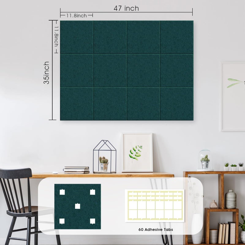 AkuDecor Large Cork Board for Office Wall Decor,48"x36"-12 Pack Felt Wall Tiles with Safe Removable Adhesive Tabs, 1/2" Thick, Felt Bulletin Board Pin Board Cork Boards for Walls - Dark Green - Image 5