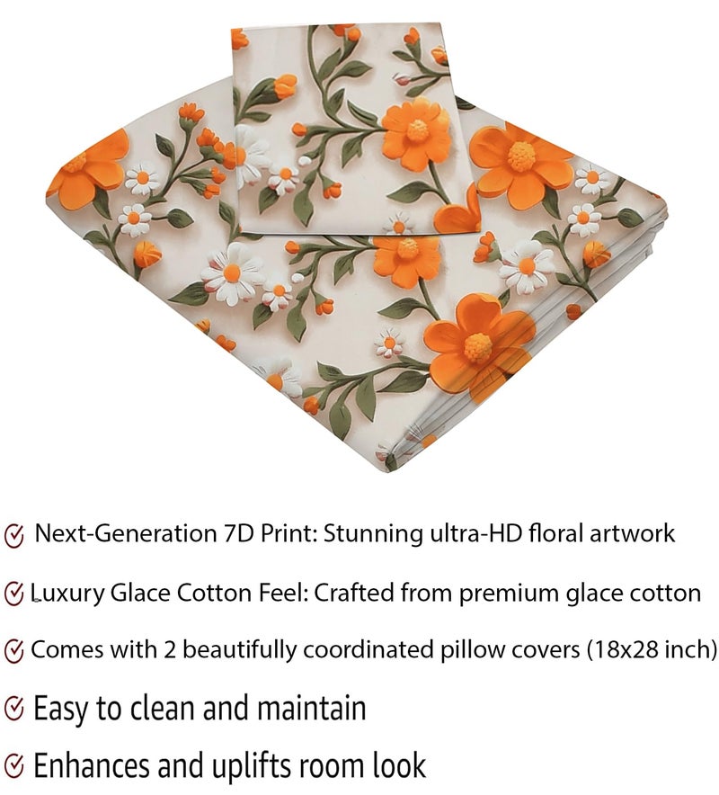 CLOUDTAILNET 220 TC Cotton Feel Glace Cotton Double Bed Sheet Set - 7D Floral Print with 2 Pillow Covers 18x28 King Size Bedsheet for Home Bedroom Flamingo Blush - Image 3