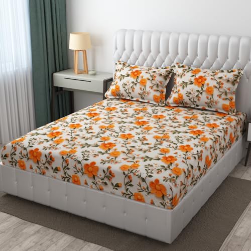 CLOUDTAILNET 220 TC Cotton Feel Glace Cotton Double Bed Sheet Set - 7D Floral Print with 2 Pillow Covers 18x28 King Size Bedsheet for Home Bedroom Flamingo Blush - Image 1